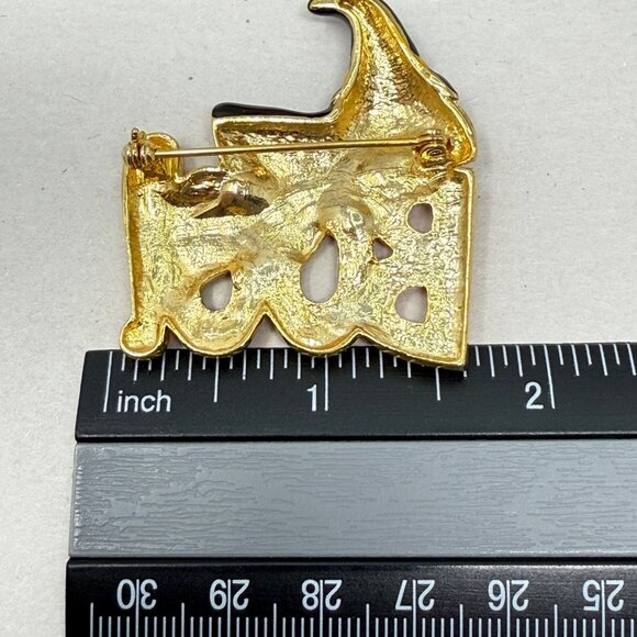 Halloween Boo! Witch Brooch Pin Enamel‎ 1.5" Orange Black - Picture 6 of 7